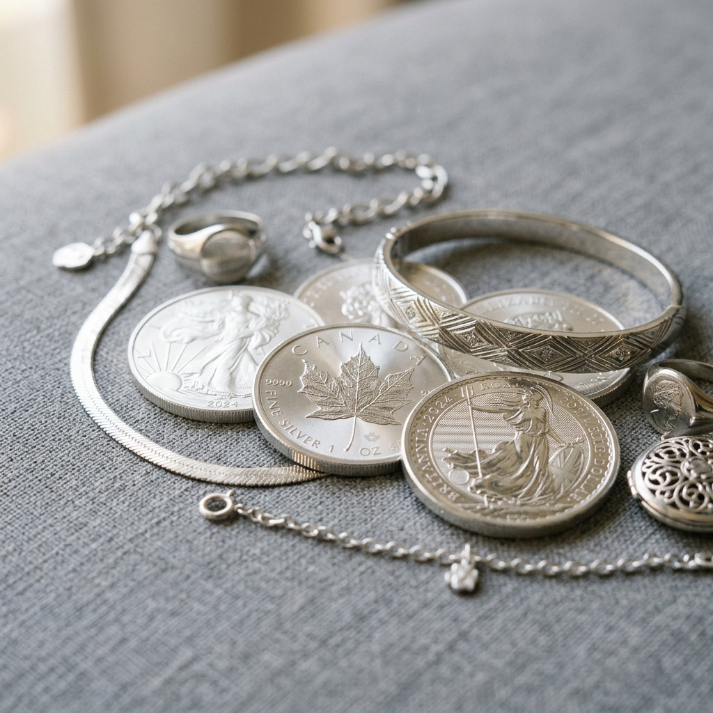 Pure silver coins and elegant silver jewelry